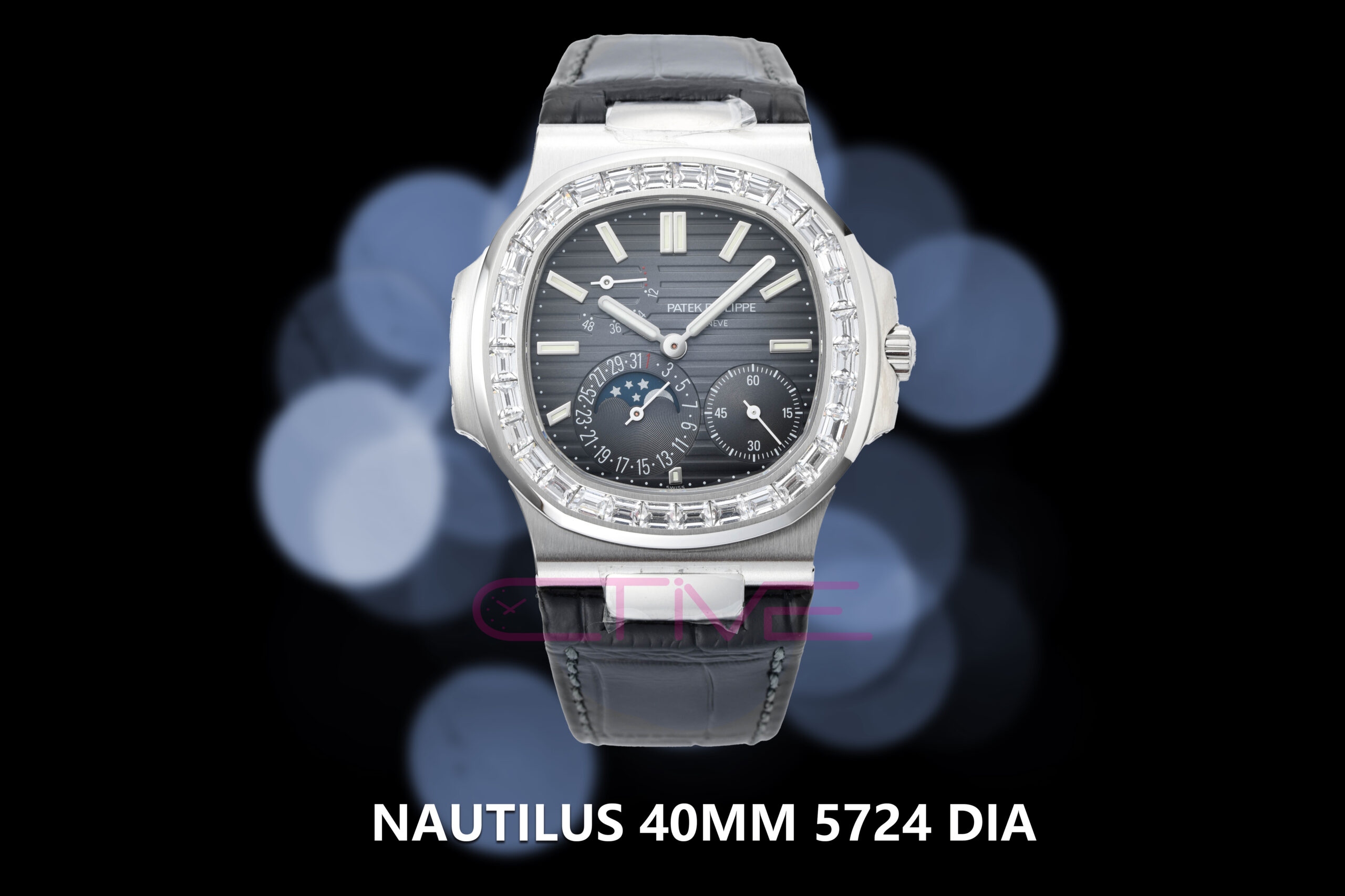 Nautilus 40mm 5724 Dia SS Blue/Stk PPF on Leather Strap A240 Super Clone