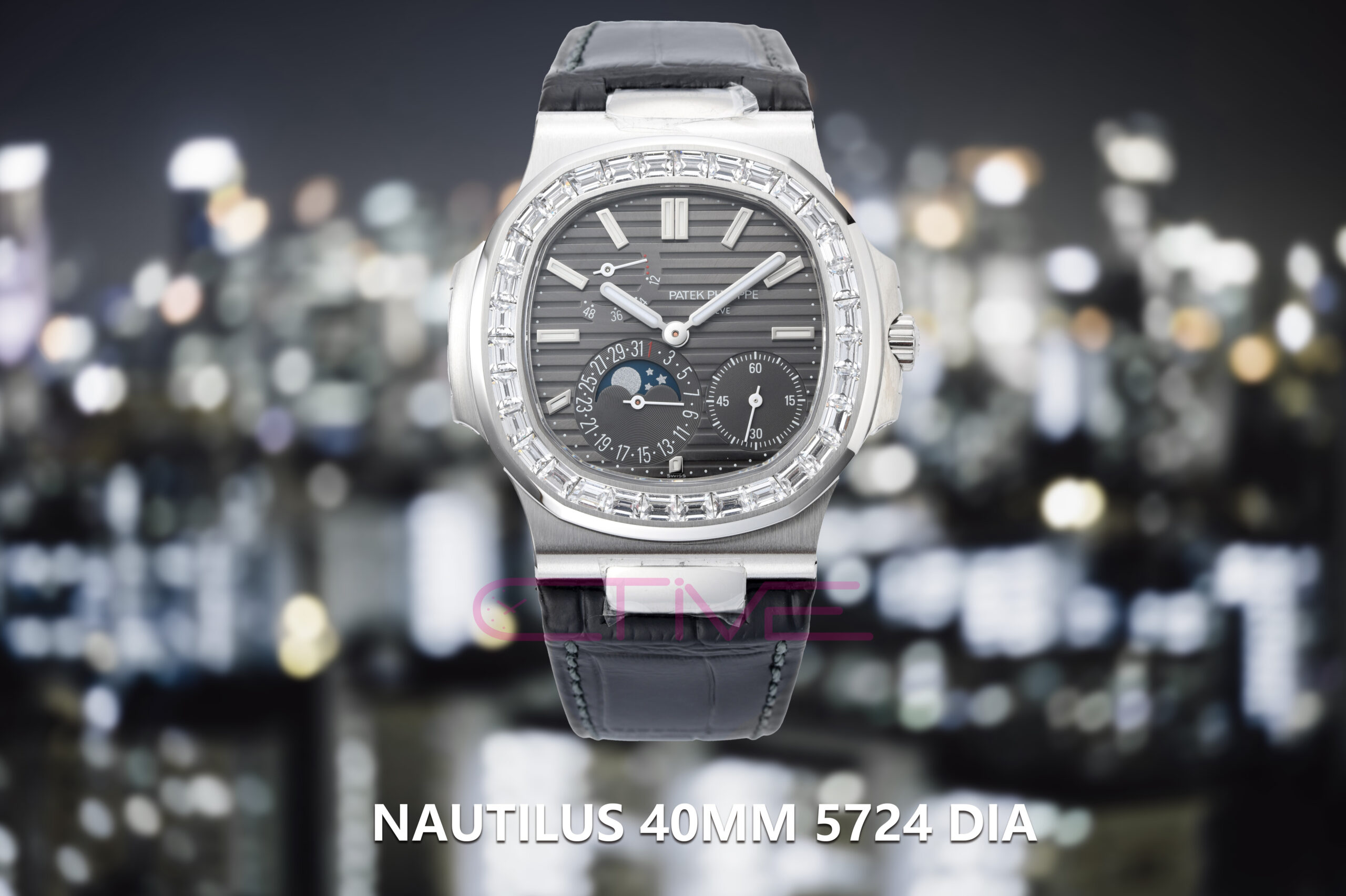 Nautilus 40mm 5724 Dia SS Grey/Stk PPF on Leather Strap A240 Super Clone